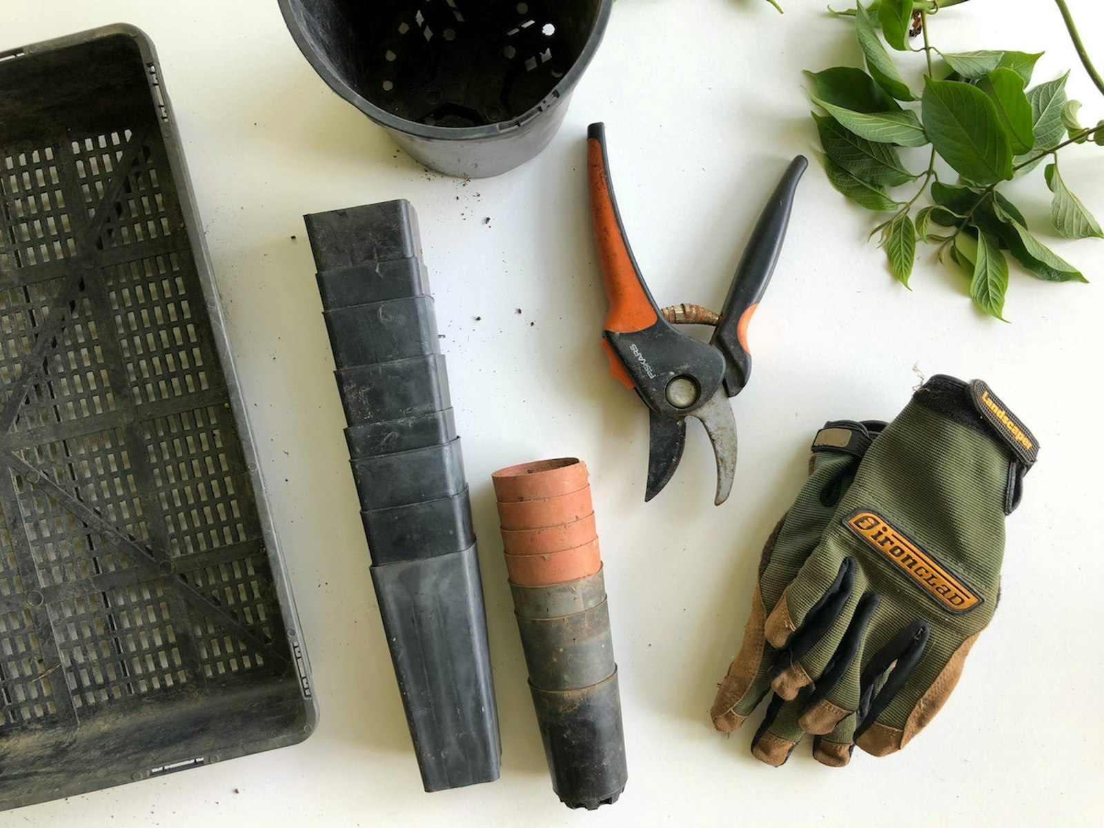 Gartenwerkzeug — Heckenschere, Handschuhe, Pflanzgefäße